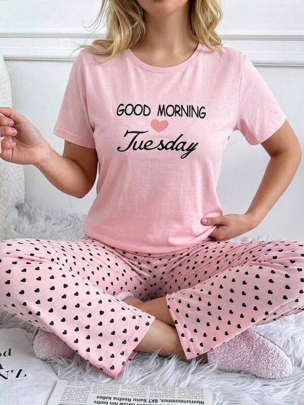 Women's Short Sleeve Heart Printed Pajama Set