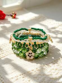 7pcs/Set Bohemian Style Layered Color Block Beaded Jewelry With Flower Pendant, Versatile Multi-Layer Bracelet For Women - Green - View 7