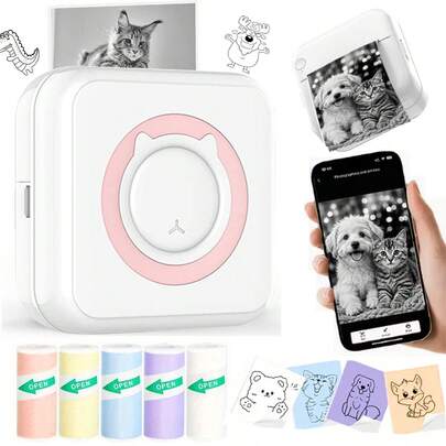 Mini Impresora, Impresora Térmica Portátil sin Tinta para Pegatinas, Para Fotos, Notas, Regalos, Recibos, Listas y Diarios DIY - Uso Doméstico & de Oficina, Compatible con iOS & Android