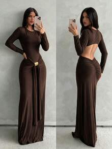 Sookaug Sexy Fitted Waist-Defining Pendant Long Sleeve Knit Maxi Dress With Open Back And Ruched Bodycon Design, 2026 New Arrival - Brown - View 1