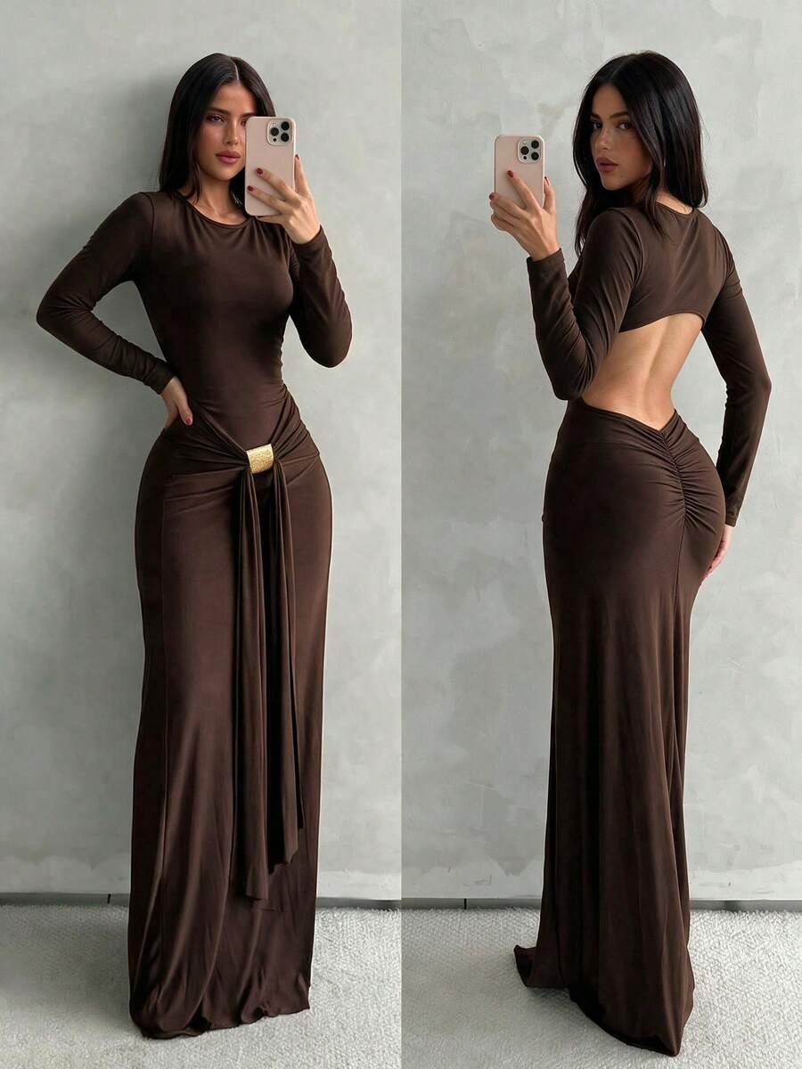 Sookaug Sexy Fitted Waist-Defining Pendant Long Sleeve Knit Maxi Dress With Open Back And Ruched Bodycon Design, 2026 New Arrival - Brown - View 1