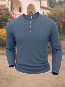 Men's Solid Blue Grey Loose Long Sleeve Henley Shirts Streetwear Button Neck Casual Top - Grey - View 3