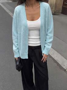 女款淺藍色毛茸茸針織寬鬆開襟短袖針織衫，舒適常規長度，適合春季 - 藍色 - 查看 6
