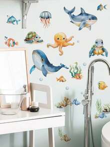 1pc Cartoon Turtle Toilet Lid Sticker, Underwater Coral Bubble Pattern, Creative Self-Adhesive Bathroom Decor Sticker, Cute Little Turtle Ocean Toilet Sticker, Underwater Background Pattern, PVC Self-Adhesive Removable Wall Sticker, Suitable For Children's Room, Bathroom Wall, Etc. - Multicolor - View 12