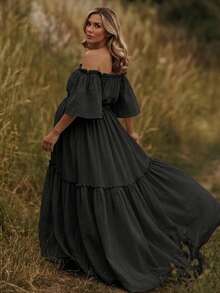 Maternity Off-Shoulder Layered Short Sleeve Crepe Fabric Slight Stretch Dress, Ruffle Hem Train Skirt Suitable For Lawn, Beach, Garden And Other Special Occasion Photography - Black - View 2