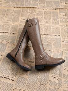 Fashion PU Leather Slimming Tall Boots For Women, Autumn/Winter New Side Zipper Mid-Calf Riding Boots - Khaki - View 2
