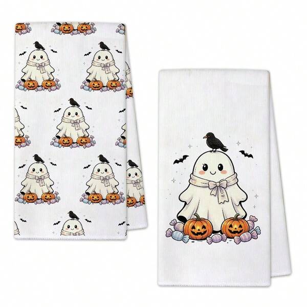 2 piezas de toallas absorbentes de cocina, hechas de material de poliéster, con estampado de patrón de fantasma lindo de Halloween, adecuadas para cocina, baño, opción ideal para amas de casa y reuniones familiares, artículos del hogar de alta relación costo-rendimiento, decoración de otoño y decoración de la habitación