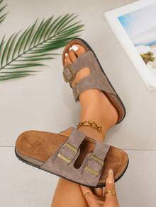 Sandálias Rasteiras Casuais de Verão Femininas, Decoração Ajustável com Fivela de Metal, Bico Redondo Aberto, Palmilha de Camurça, Sapatos de Praia, Adequadas para Uso Diário, Sandálias Marrons - Castanho - Visão 6