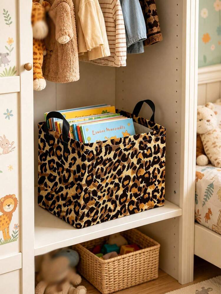 1PC Classic Leopard Print Foldable Fabric Storage Basket With Handles, Animal Cheetah Pattern Foldable Storage Box, Multipurpose Clothes And Miscellaneous Bedroom Closet Organizer - Multicolor - View 3