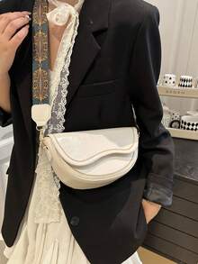 純色 2026 小眾時尚簡約質感寬肩帶斜跨單肩女款馬鞍包 - 白色 - 查看 3