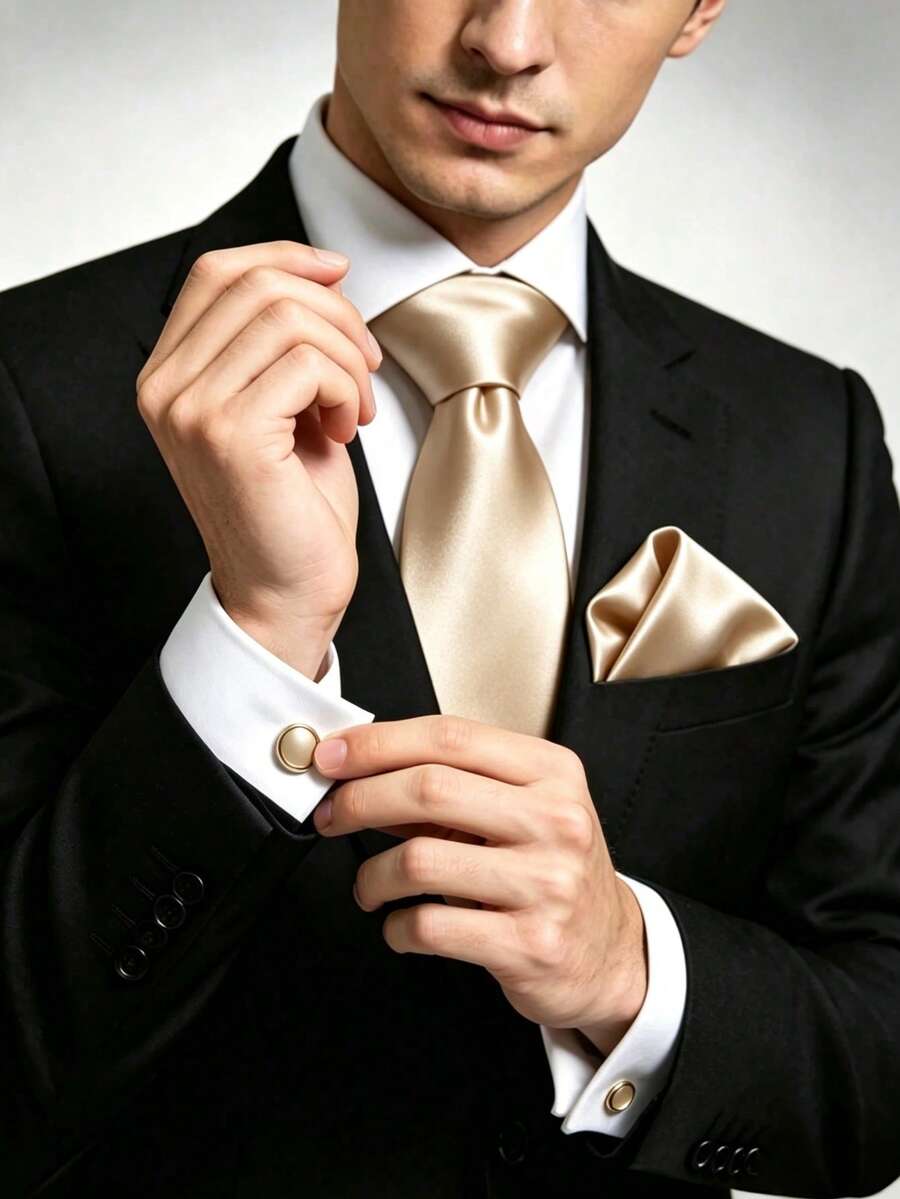 1件裝 Barry Wang 男士絲綢領帶套裝,金色與深綠色純色領帶、口袋巾、袖扣套組,適用婚禮、商務、宴會 - 香檳色 - 查看 1
