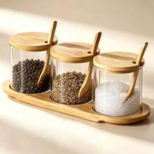 300ml Glass Spice Jar, Kitchen Seasoning Storage Container, Salt Jar, Coffee Storage Canister, Glass Storage Container With Bamboo Lid And Spoon, 2/3pcs Set With Bamboo Tray, Suitable For Kitchen Spices, Dry Ingredients, Sugar, Black Pepper, Coffee Food Storage - Clear - View 1