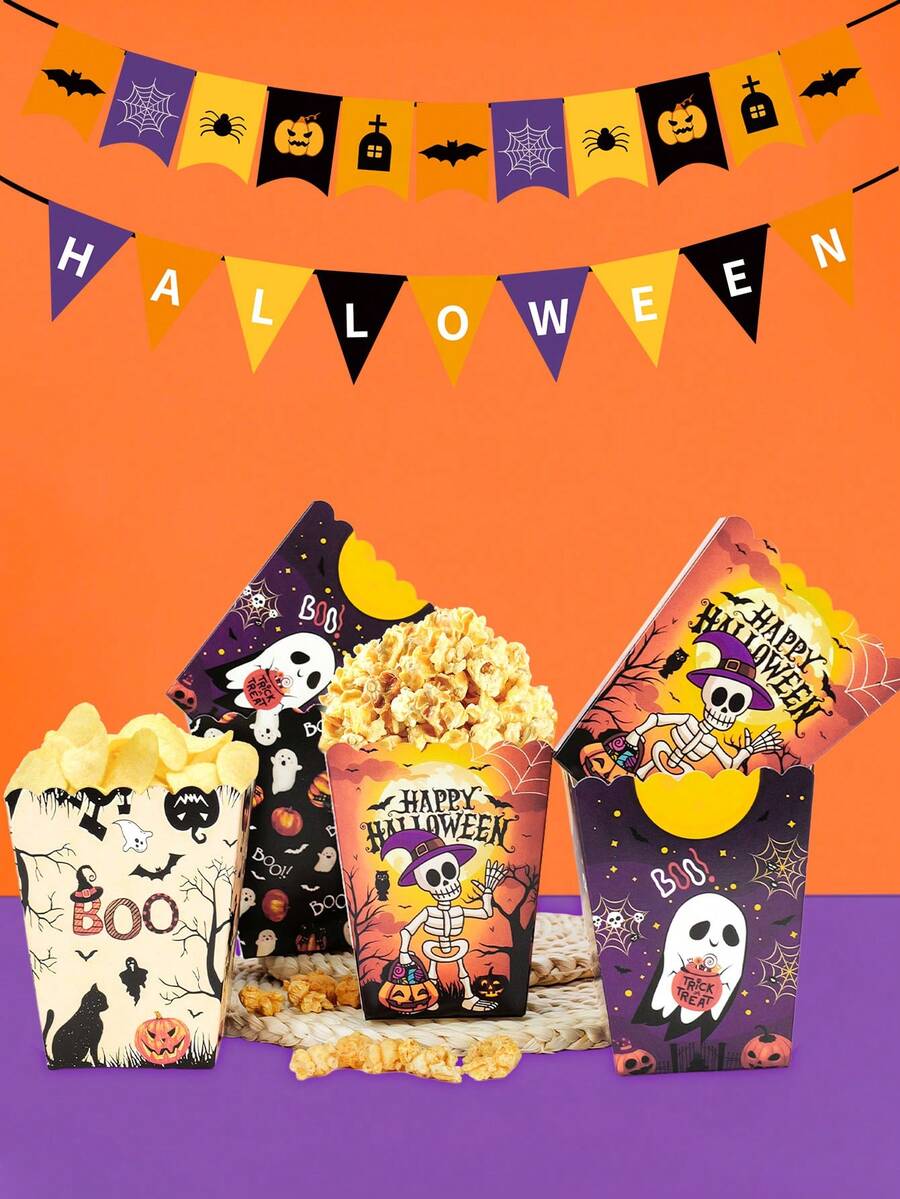 10/20/50Pcs Halloween Party Popcorn Boxes, Ghost Pumpkin Skull Bat Pattern Snack Containers, Disposable Candy Treat Boxes For Halloween Celebration, Trick Or Treat, Movie Night Party Decorations And Event Supplies - View 1