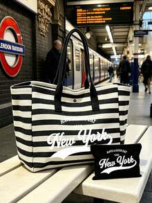 「New York」圖案帆布包套組，大容量黑白條紋沙灘托特包，可折疊帆布單肩包，防水防沙旅行包，適合夏季必需品，完美適用於沙灘旅行、游泳、購物和日常使用，女性、旅行者和沙灘愛好者的理想選擇，適合春假、復活節、度假和禮物，耐用編織材質，可用作沙灘包、購物袋和旅行伴侶，返校季適用 - 彩色 - 查看 2
