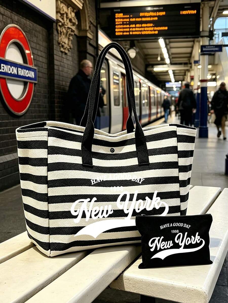 「New York」圖案帆布包套組，大容量黑白條紋沙灘托特包，可折疊帆布單肩包，防水防沙旅行包，適合夏季必需品，完美適用於沙灘旅行、游泳、購物和日常使用，女性、旅行者和沙灘愛好者的理想選擇，適合春假、復活節、度假和禮物，耐用編織材質，可用作沙灘包、購物袋和旅行伴侶，返校季適用