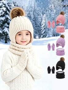 3pcs 2-8 Years Old Boys Girls Warm Outfit Set, Single Ball Double Ball Cute Winter Children Solid Color Hat Set - Multicolor - View 2