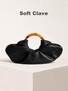 Fashionable Minimalist Pleated Cloud Handbag, Classic Style Women's Solid Color Cloud-Shaped Handbag In PU Leather With Magnetic Clasp Closure - Black - 查看 1