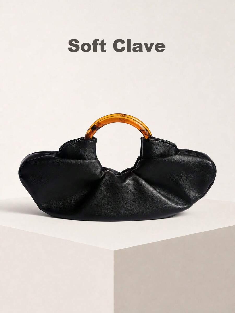 Fashionable Minimalist Pleated Cloud Handbag, Classic Style Women's Solid Color Cloud-Shaped Handbag In PU Leather With Magnetic Clasp Closure - Black - 查看 1