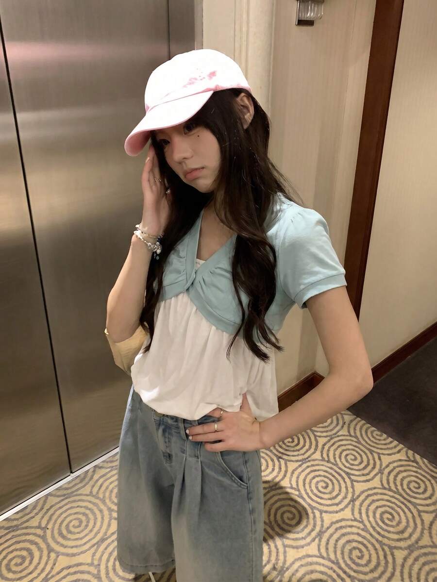 韓式層次感短版單鈕扣短袖針織背心 夏款 - 淺藍色 - 查看 1