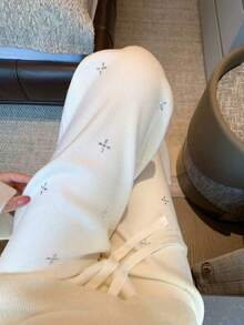 White Rhinestone Embellished Knit Wide Leg Pants, High Waist, Autumn/Winter New Style, Slouchy Chic, Draped, Slimming, Versatile Straight Leg Pants For Women - White - View 5