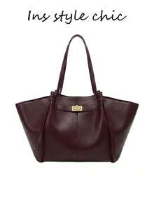 Metal Buckle Minimalist Decoration, Soft Smooth Leather Fabric, Large Capacity To Meet Diverse Storage Needs, Twist Lock Closure Design, Suitable For Daily Commute, Casual Shopping, Short Trips, Versatile Fashion Shoulder Tote Bag - Burgundy - View 8