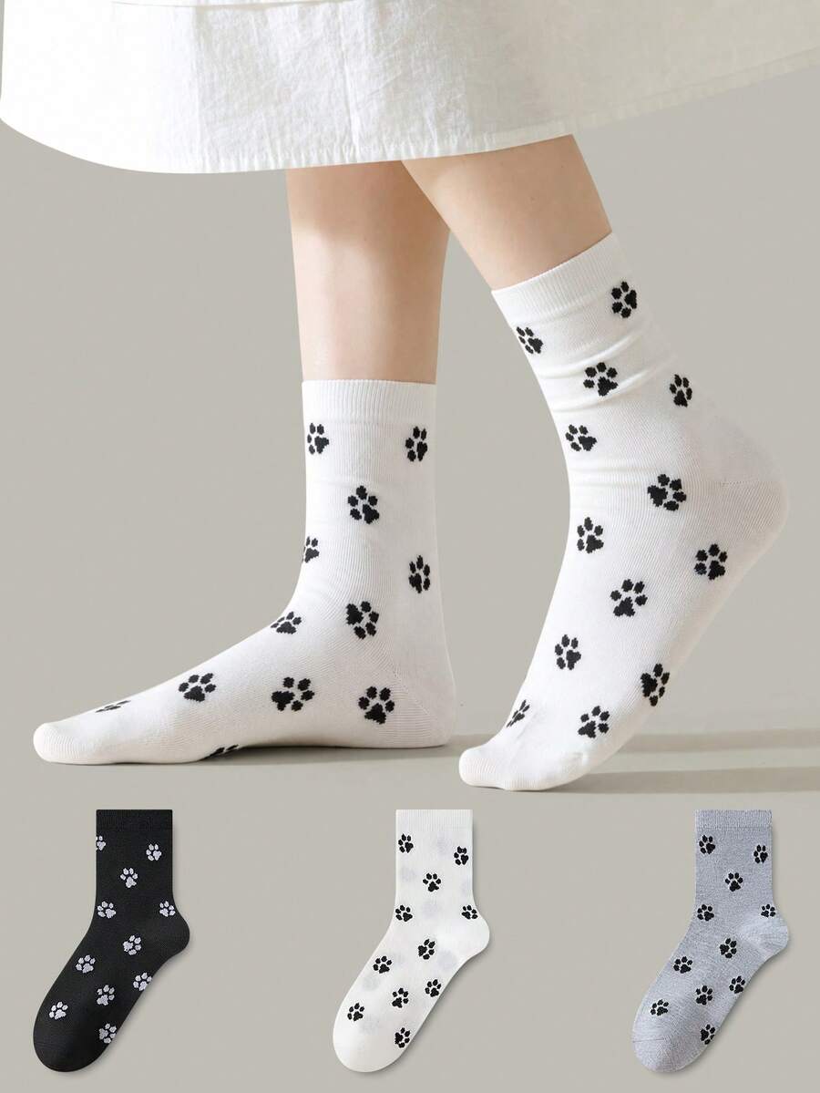 ZUJO 3 Pairs Women's Mid-Calf Socks, Cat & Dog Paw Print Cartoon Pattern, Simple & Comfortable, Suitable For Spring, Autumn And Winter - Multicolor - View 1