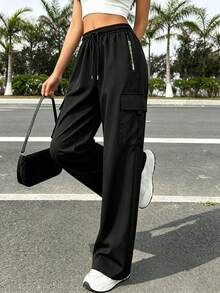 [Fashion Multi-Pocket] Women's Cargo Pants - Loose Casual With Zipper Pockets, Multipurpose Cargo Pants Sports Black - Black - View 1