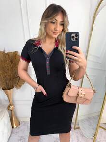 Vestido Feminino Midi com gola polo elegante Botões na frente Bolso Tecido em viscolycra Diário - Preto - Visão 6