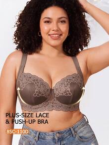 Plus Size Floral Lace Underwire Bra, Wide Strap Comfortable Style, Full Coverage Design, Exquisite Lace Details, Supportive Underwire For Breast Lift - Mocha Brown - View 2