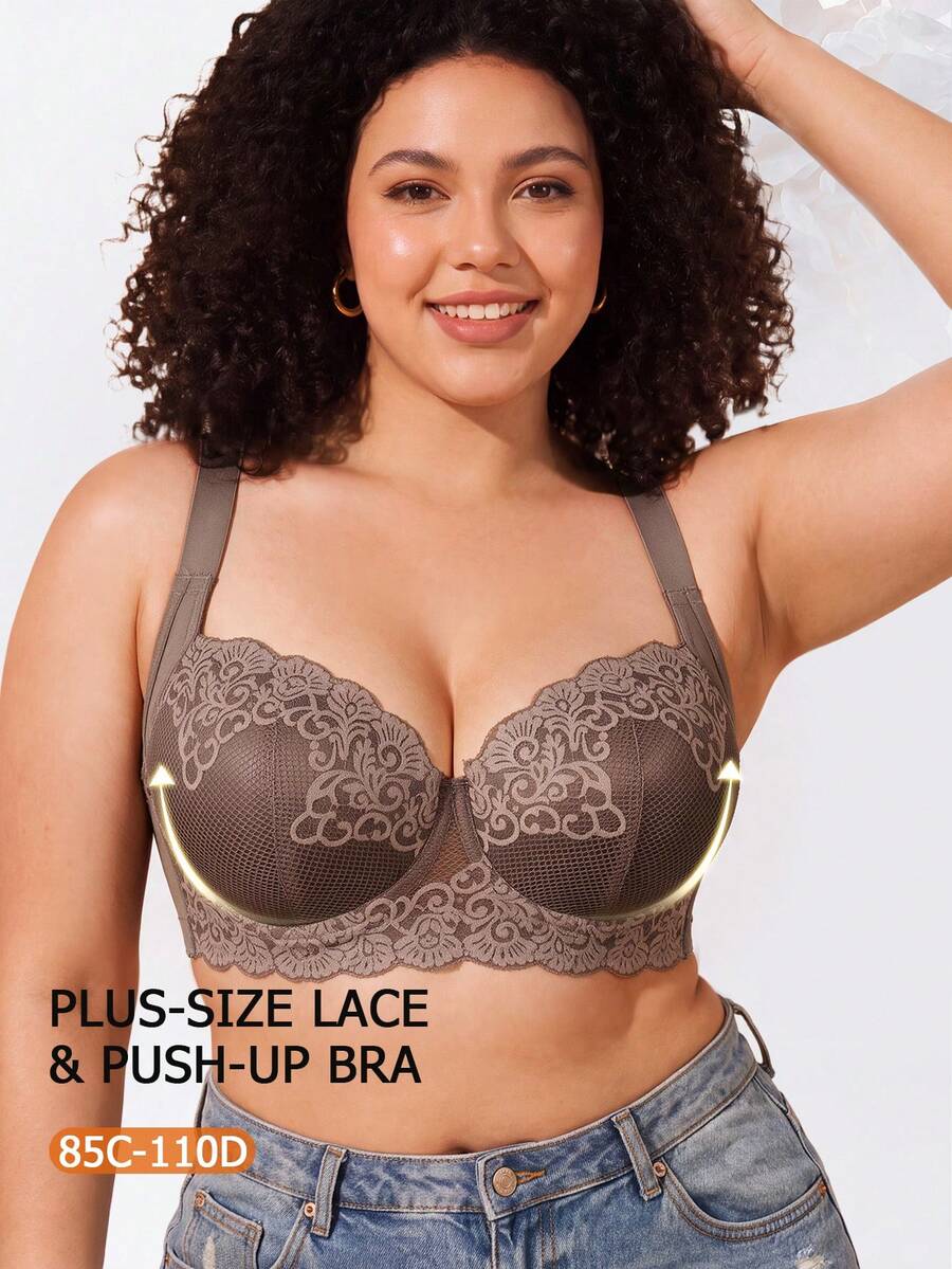 Plus Size Floral Lace Underwire Bra, Wide Strap Comfortable Style, Full Coverage Design, Exquisite Lace Details, Supportive Underwire For Breast Lift