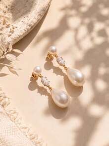 14K Gold Plated Cubic Zirconia Pearl Earrings, Hypoallergenic Gold Plated Earrings, Elegant Bridal Pearl Jewelry, Suitable For Evening Wear And Daily Wear - Gold - View 3