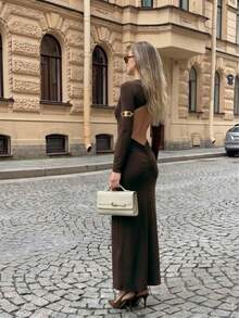 Sookaug Sexy Fitted Waist-Defining Pendant Long Sleeve Knit Maxi Dress With Open Back And Ruched Bodycon Design, 2026 New Arrival - Brown - View 4