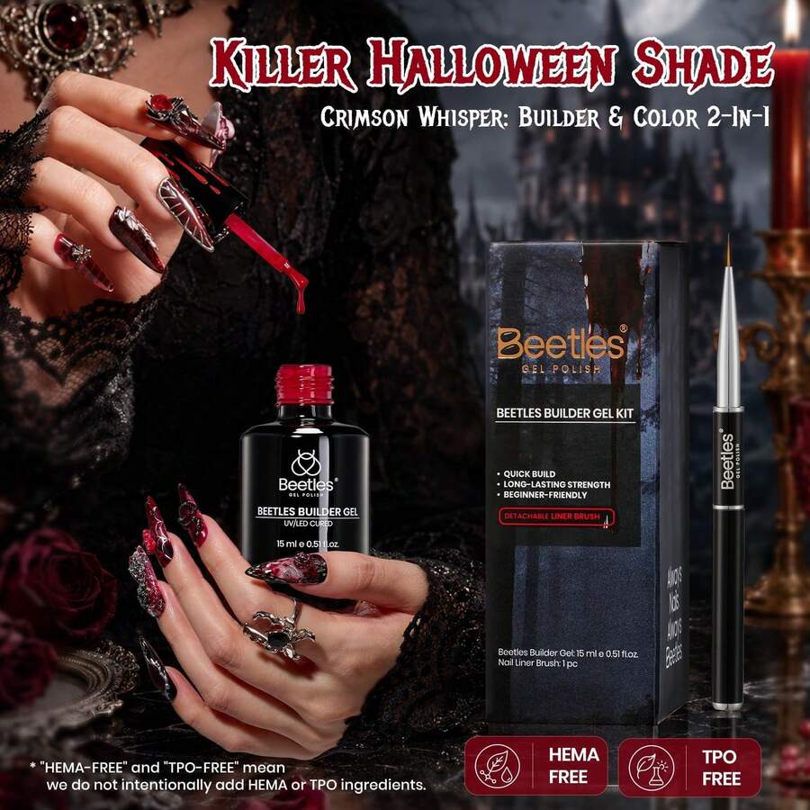 Beetles 1PCS Halloween Nail Builder Gel, Crimson Whisper Red 8-In-1 HEMA-Free & TPO-Free Builder Gel With Brush For Instant Apex, Thickening & Short Extensions, UV LED Cured DIY Manicure - Halloween Builder Gel - 查看 1