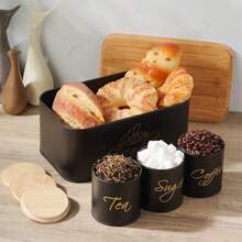 Aurelion 4pcs Black Metal Kitchen Storage Set With Bamboo Lid Bread Box And Coffee Tea Sugar Canisters, Gold Letter Print Food Storage Containers, Countertop Kitchen Organizer - Black - View 8