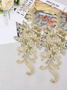 2件金色3D刺繡貼花配珠飾，婚紗配件，網紗蕾絲DIY表演服裝刺繡補丁/長度：39CM/寬度：16CM - 金色 - 查看 5