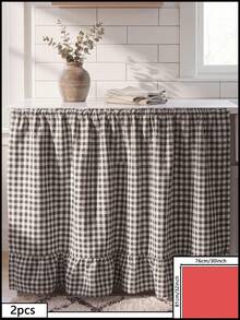 1pc Black & White Plaid Table Skirt, Modern Minimalist Style, Rectangular With Ruffle Edge And Pleated Details, Concealing Storage And Decorative Function, Suitable For Kitchen Island And Home Decor - Black - View 14