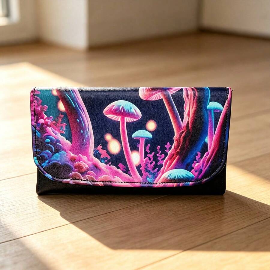 1PC Dark Dream Mushroom Storage Bag, PU Leather With Compartments, Portable, 5 Color Options, Neon Glowing Mushroom, Multi-Slot With Zipper, Portable Smoking Accessories Organizer - 1PC - View 1