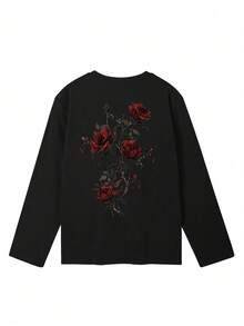 Women's Spring/Autumn Loose Fit Versatile Round Neck Fashion Casual Letter & Rose Print Long Sleeve T-Shirt - Black - View 5