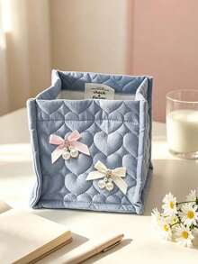 Heart-Shaped Quilted Fabric Storage Basket With Pearl Bow, Desktop Makeup Bag, Cute Bow Storage Box, Makeup Brush Holder, Stationery Organizer, Birthday Gift - Multicolor - View 5