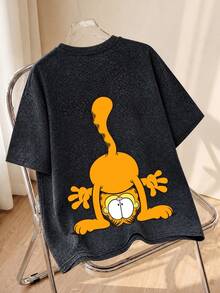 SHEIN | Garfield Washed Grey Double-Sided Tee, Headstand Cartoon Cat Red Letter Print Loose Short Sleeve Street Outfit Casual Black Summer - Black - View 1