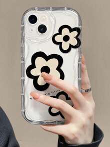 1pc Ins Cream Edge Line Flower Pattern Phone Case, Compatible With 17 16 15 14 13 12 11 Pro Max, Transparent Phone Protective Cover Waterproof Shockproof Scratch-Resistant - Multicolor - View 1
