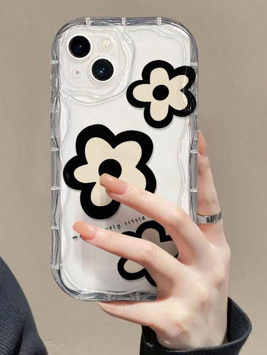 1pc Ins Cream Edge Line Flower Pattern Phone Case, Compatible With 17 16 15 14 13 12 11 Pro Max, Transparent Phone Protective Cover Waterproof Shockproof Scratch-Resistant - Multicolor - View 1