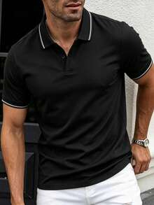 男士條紋領 Polo 衫，舒適透氣短袖休閒高爾夫 T 恤，適合日常穿著 - 黑色 - 查看 1