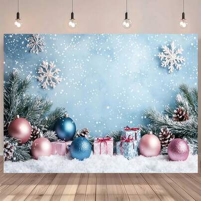 1 Piece Of Pink And Blue Christmas Background Cloth With Pine Branches, Snowflakes, And Colorful Balls Design, Suitable For Christmas Photography Props, Christmas Party Decorations, Birthdays, Showers, And Family Event Decorations.