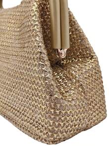 Tidet Ever Women's Elegant Gold Straw Clutch Bag With Chain Shoulder Strap And Top Handle, Suitable For Evening Party, Wedding, Bridal, Vacation, Outing Use - Khaki - View 6