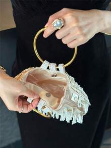 Women Evening Handbags,Half Moon Ring Top Handle Bag, White Bead Tassel Sequin Pattern,Large Gold Round Ring Handle For Wedding Prom Gala Club Party - Champagne - View 4