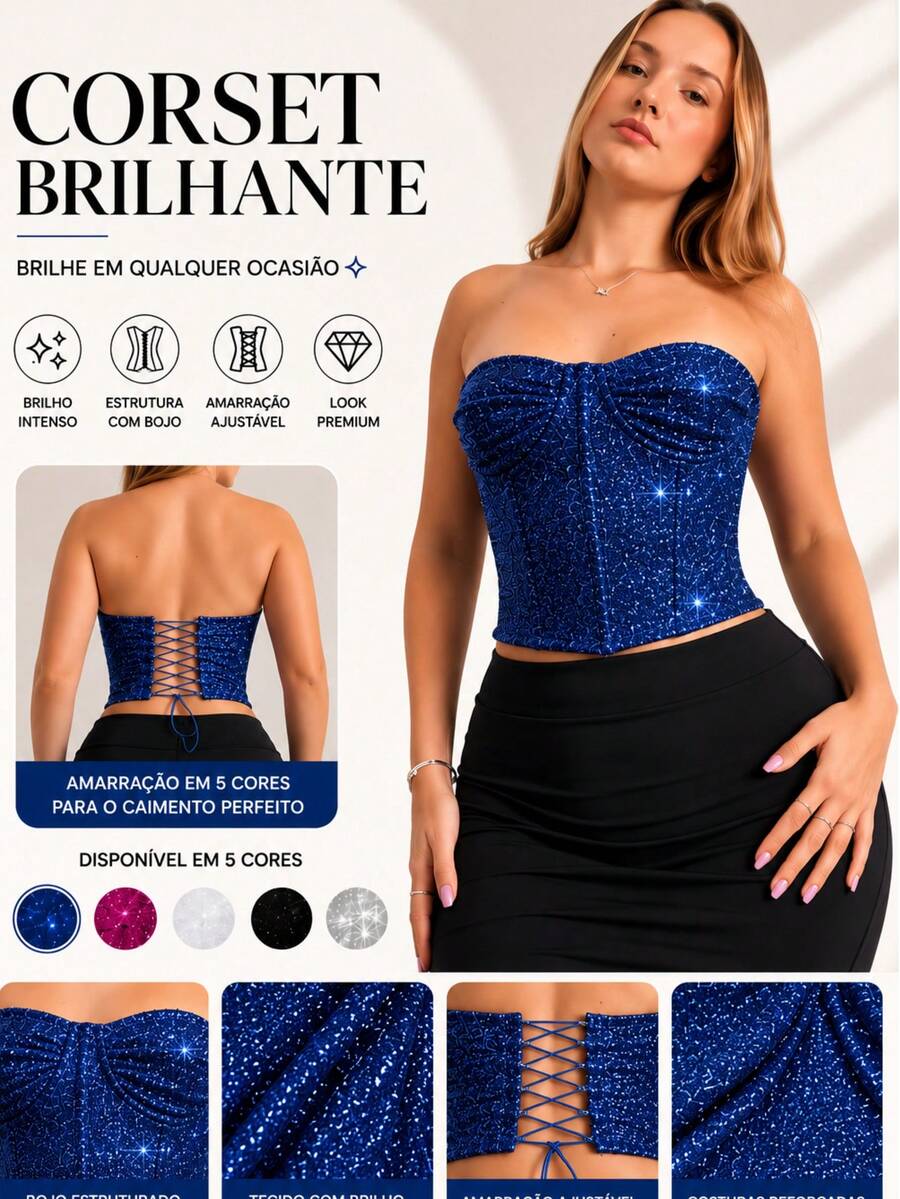 Shiny Corset With Padded Cups And Boning – Strapless Top, Tight, Sexy And Ideal For Parties Or Nightclubs - 藍色 - 查看 1