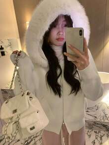 Women's Solid Color Hooded Knit Cardigan Sweater With Detachable Fur Collar, Autumn - Apricot - View 8