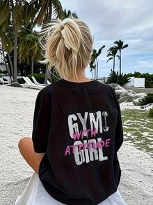 Casual Printed T-Shirt For Women, Short Sleeve Round Neck With Letter Pattern, Spring Summer Autumn Wear, Local Shipping - 黑色 - 查看 3