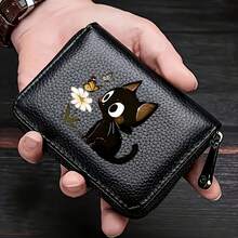 Cute Black Cat & Daisy Butterfly Print PU Leather Zipper Wallet, Women's Mini Card Holder & Coin Purse - Multicolor - View 1